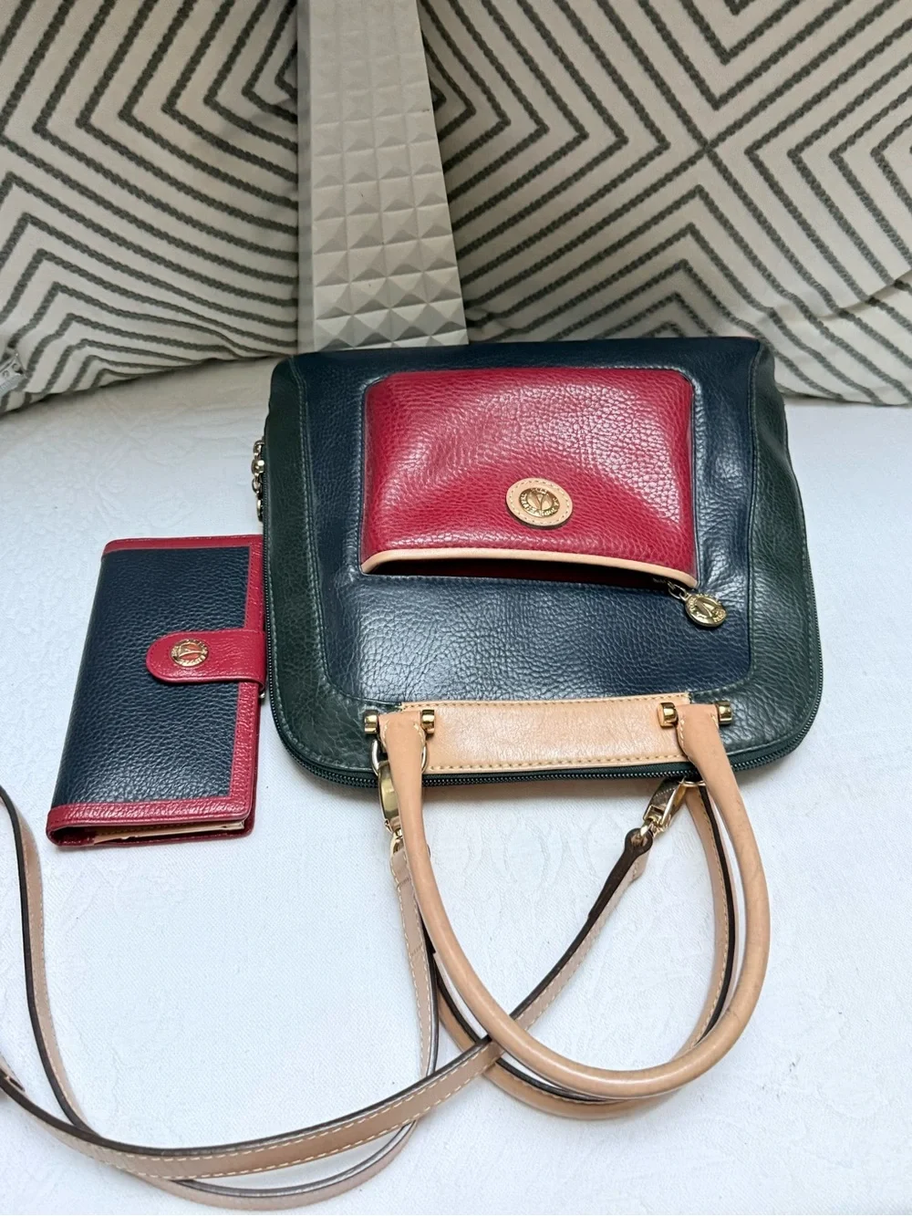 La Tour Eiffel Vintage  Tri Color Pebbled Leather Satchel with Matching Wallet